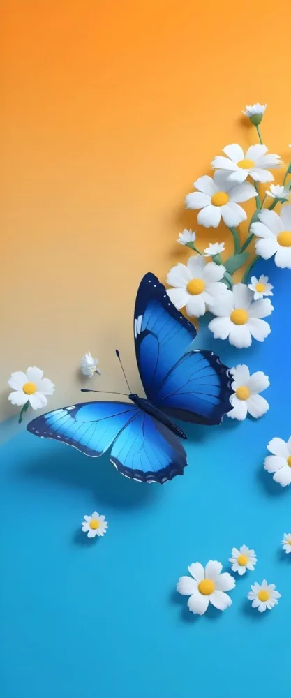Blue Butterfly With White Flowers Against A Colorful Gradient Background 6 D1f4