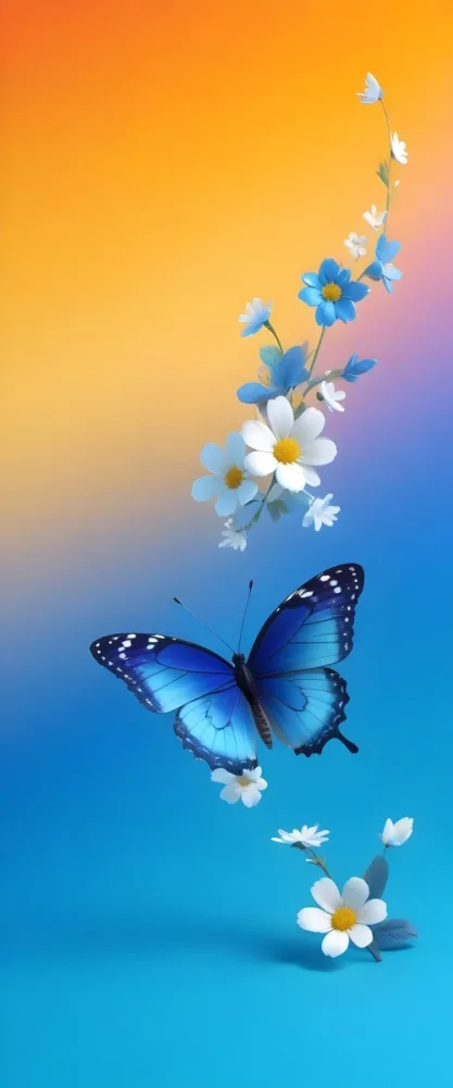 Blue Butterfly With White Flowers Against A Colorful Gradient Background 7 2843
