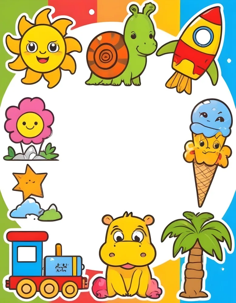Cartoon Frame With A Sun Snail Rocket Tree Ice Cream Train Hippo And Palm Tree With A White Background 1 Add4