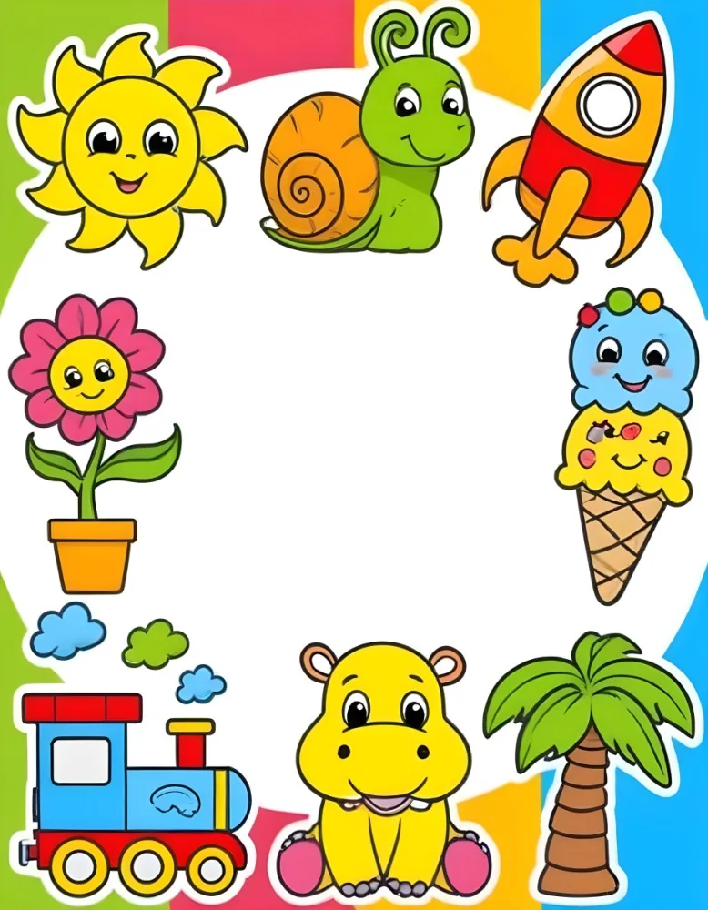 Cartoon Frame With A Sun Snail Rocket Tree Ice Cream Train Hippo And Palm Tree With A White Background 102 462c