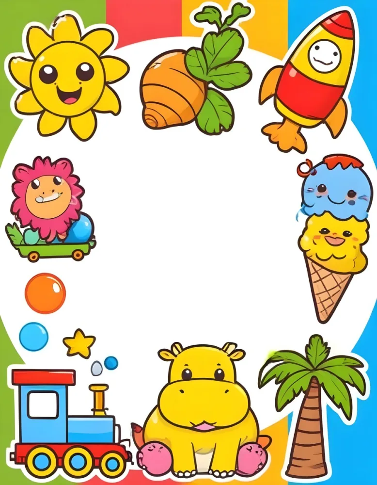 Cartoon Frame With A Sun Snail Rocket Tree Ice Cream Train Hippo And Palm Tree With A White Background 3 1f21