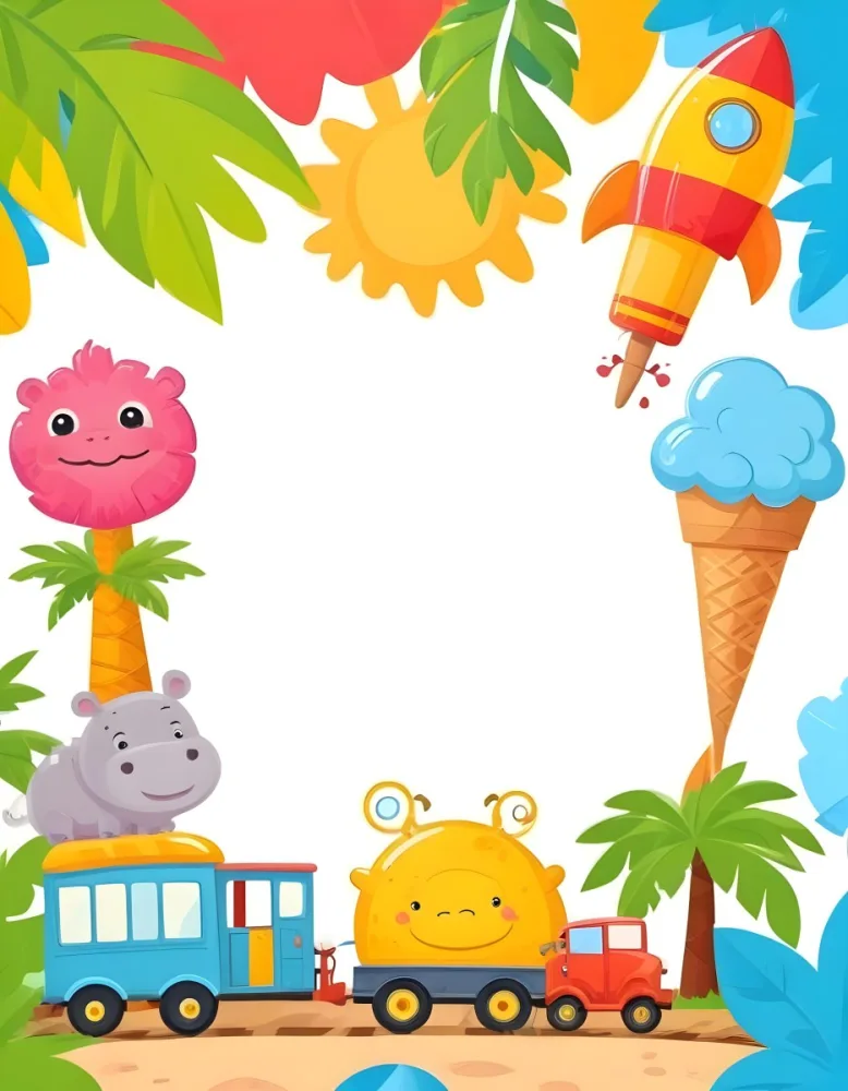 Cartoon Frame With A Sun Snail Rocket Tree Ice Cream Train Hippo And Palm Tree With A White Background 46 99e6