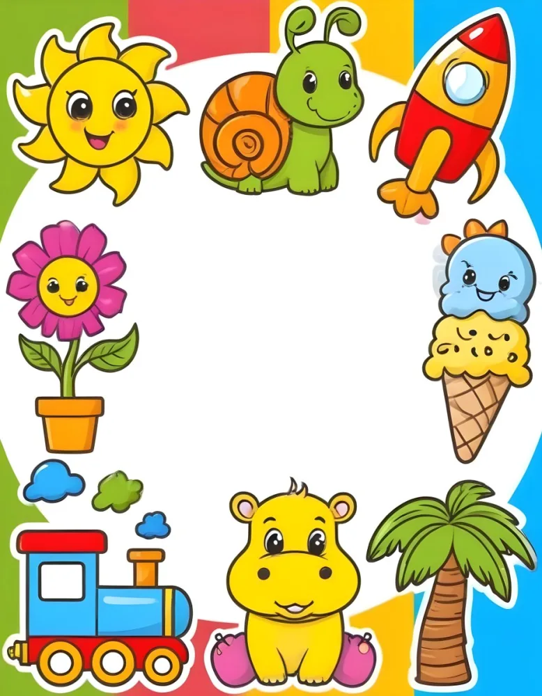 Cartoon Frame With A Sun Snail Rocket Tree Ice Cream Train Hippo And Palm Tree With A White Background 51 B74f