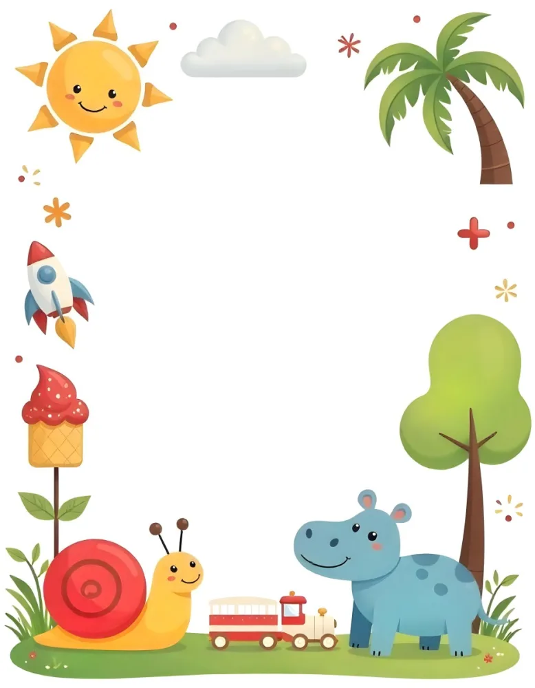 Cartoon Frame With A Sun Snail Rocket Tree Ice Cream Train Hippo And Palm Tree With A White Background 78 9793