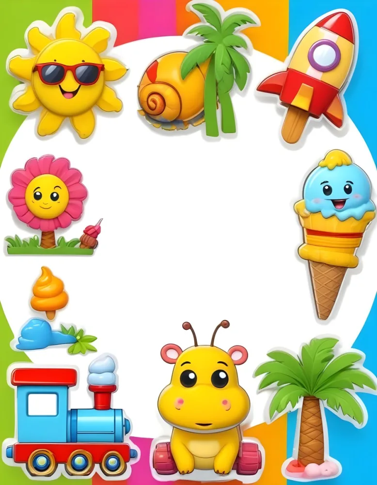 Cartoon Frame With A Sun Snail Rocket Tree Ice Cream Train Hippo And Palm Tree With A White Background 81 C172
