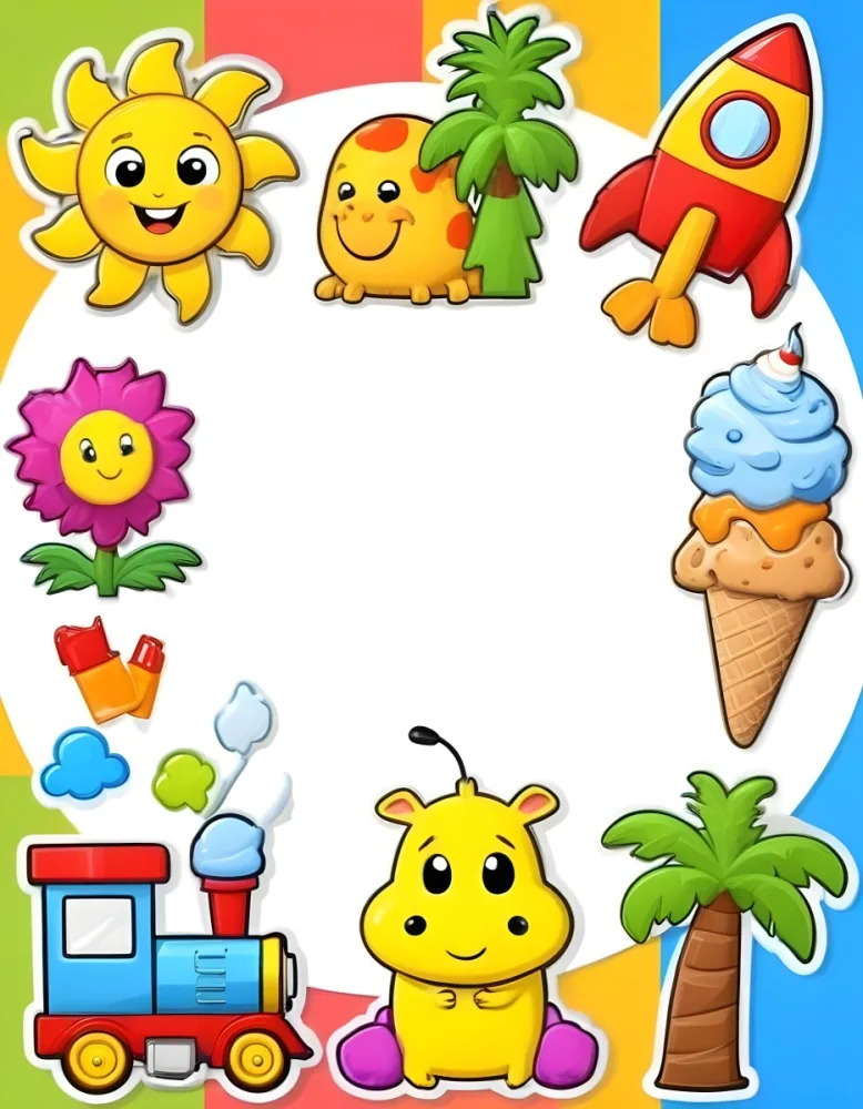 Cartoon Frame With A Sun Snail Rocket Tree Ice Cream Train Hippo And Palm Tree With A White Background 82 B56c