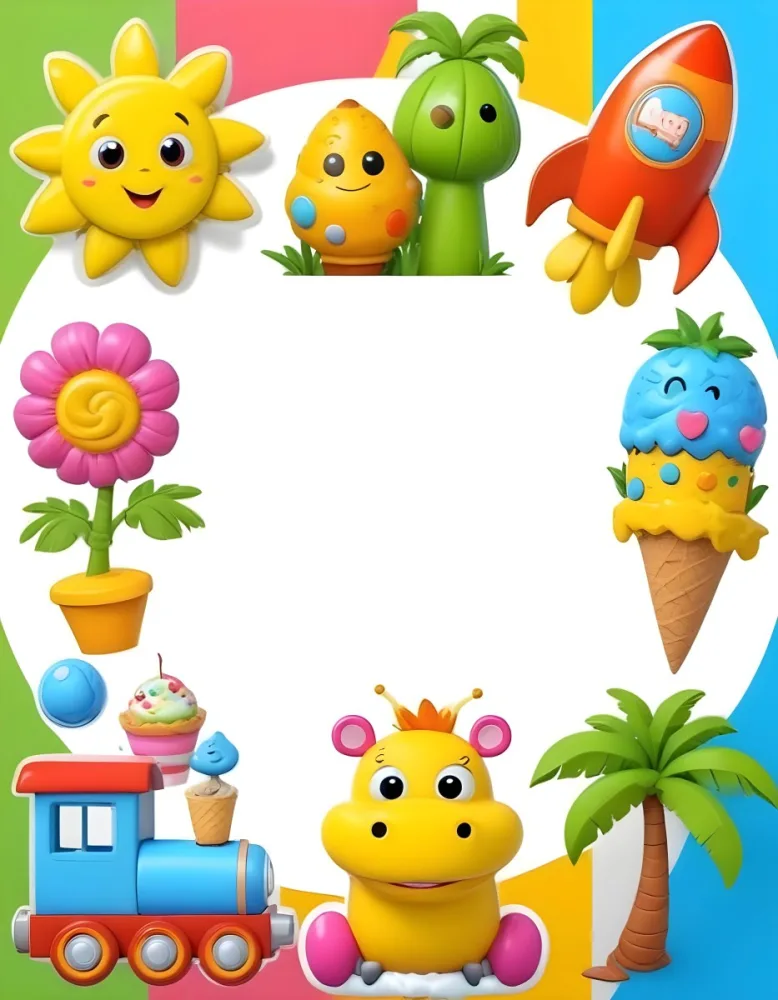 Cartoon Frame With A Sun Snail Rocket Tree Ice Cream Train Hippo And Palm Tree With A White Background 87 6e00