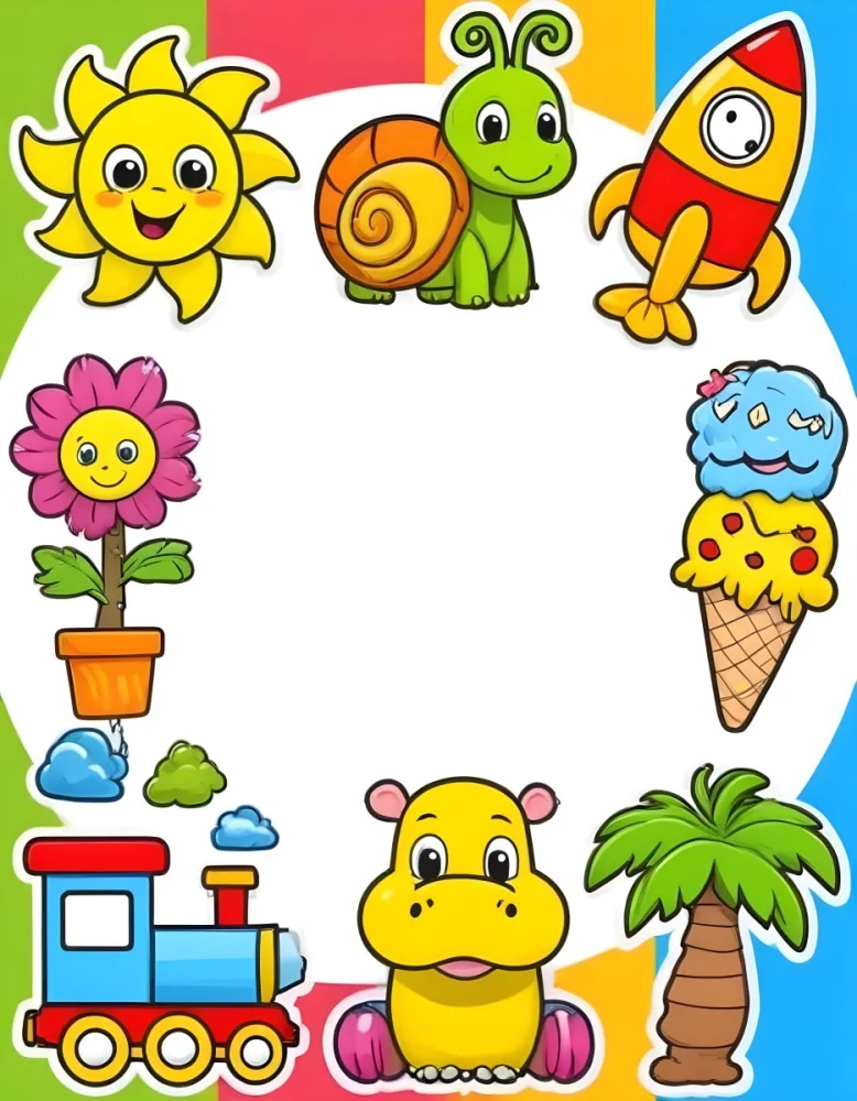 Cartoon Frame With A Sun Snail Rocket Tree Ice Cream Train Hippo And Palm Tree With A White Background 89 B0b3