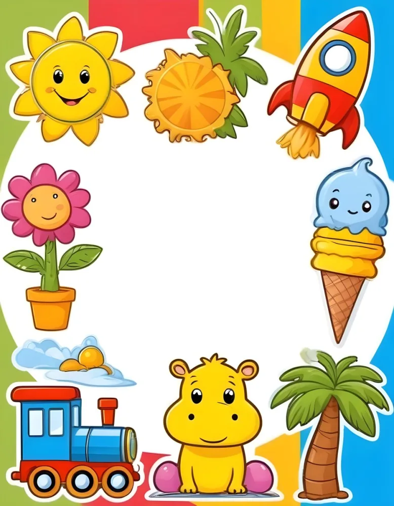 Cartoon Frame With A Sun Snail Rocket Tree Ice Cream Train Hippo And Palm Tree With A White Background 9 7af2
