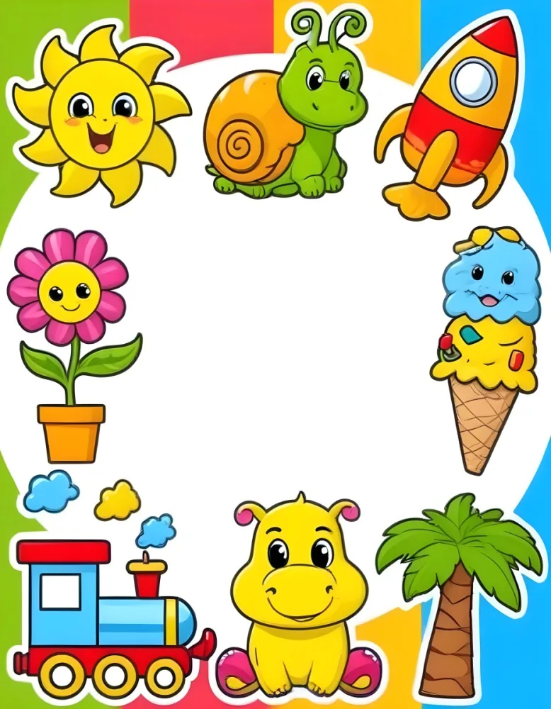 Cartoon Frame With A Sun Snail Rocket Tree Ice Cream Train Hippo And Palm Tree With A White Background 90 E271