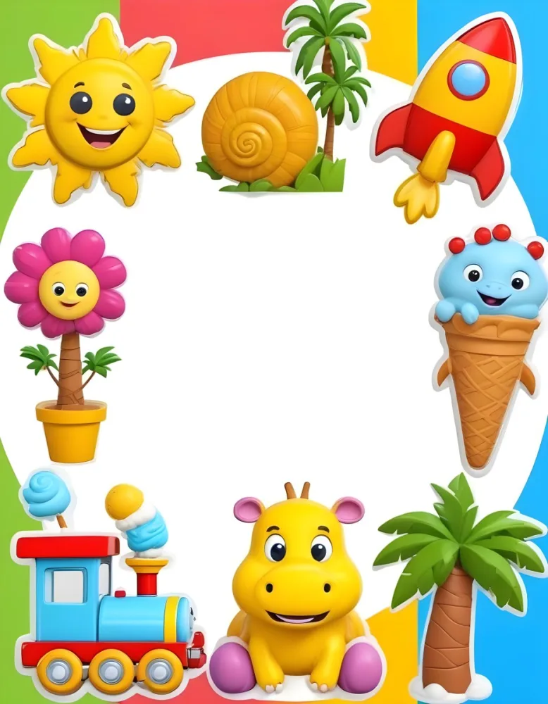 Cartoon Frame With A Sun Snail Rocket Tree Ice Cream Train Hippo And Palm Tree With A White Background 93 8e63
