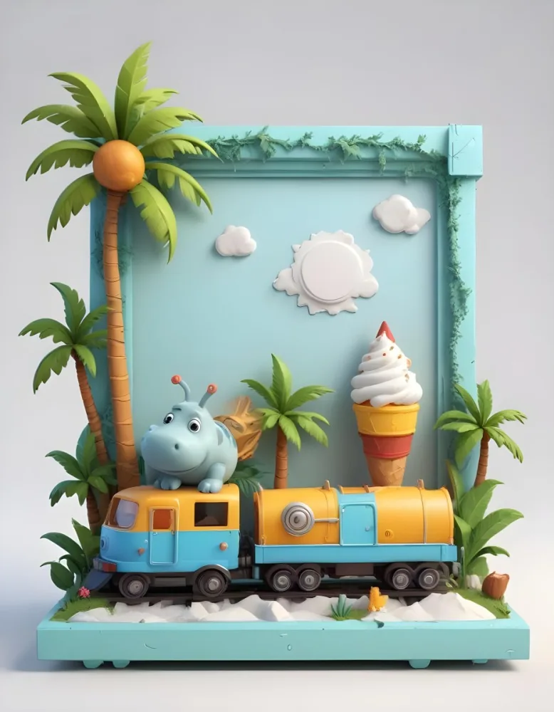 Cartoon Frame With A Sun Snail Rocket Tree Ice Cream Train Hippo And Palm Tree With A White Background 94 624b