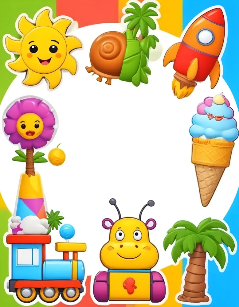 Cartoon Frame With A Sun Snail Rocket Tree Ice Cream Train Hippo And Palm Tree With A White Background 95 Fa1b