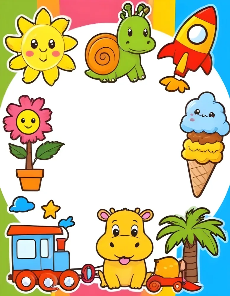 Cartoon Frame With A Sun Snail Rocket Tree Ice Cream Train Hippo And Palm Tree With A White Background 97 57f9