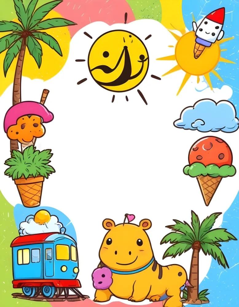 Cartoon Frame With A Sun Snail Rocket Tree Ice Cream Train Hippo And Palm Tree With A White Background 98 026e