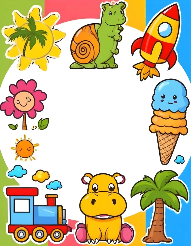 Cartoon Frame With A Sun Snail Rocket Tree Ice Cream Train Hippo And Palm Tree With A White Background 99 F63a