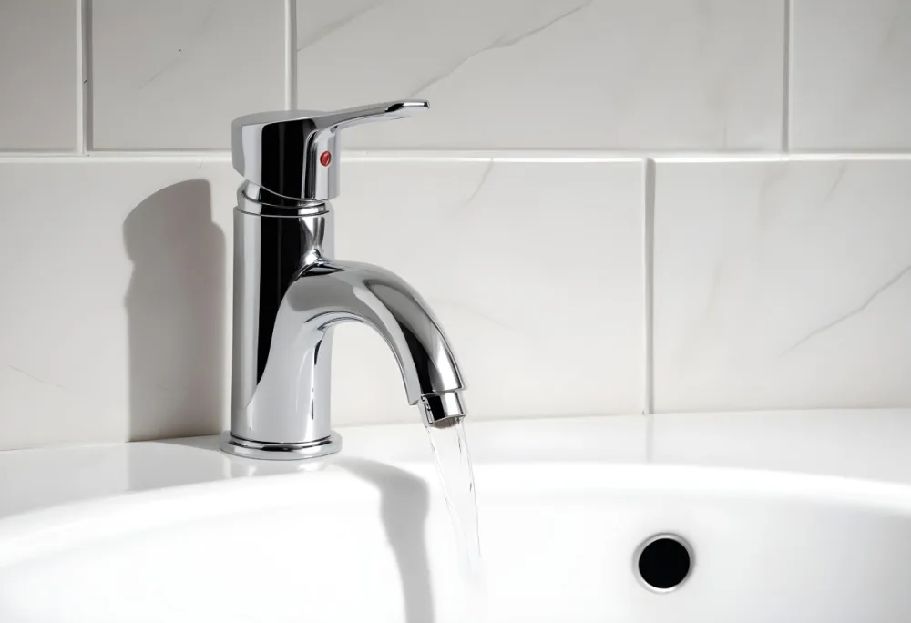 Chrome Faucet With Running Water Over A White Sink In A Bathroom With White Tiles 6 Ce4c