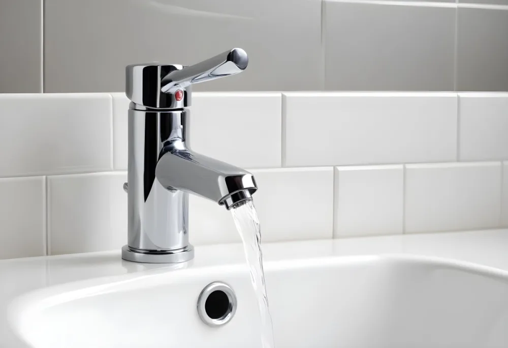 Chrome Faucet With Running Water Over A White Sink In A Bathroom With White Tiles 7 05a2