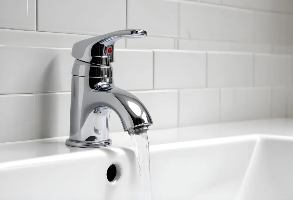 Chrome Faucet With Running Water Over A White Sink In A Bathroom With White Tiles 8 C1e5