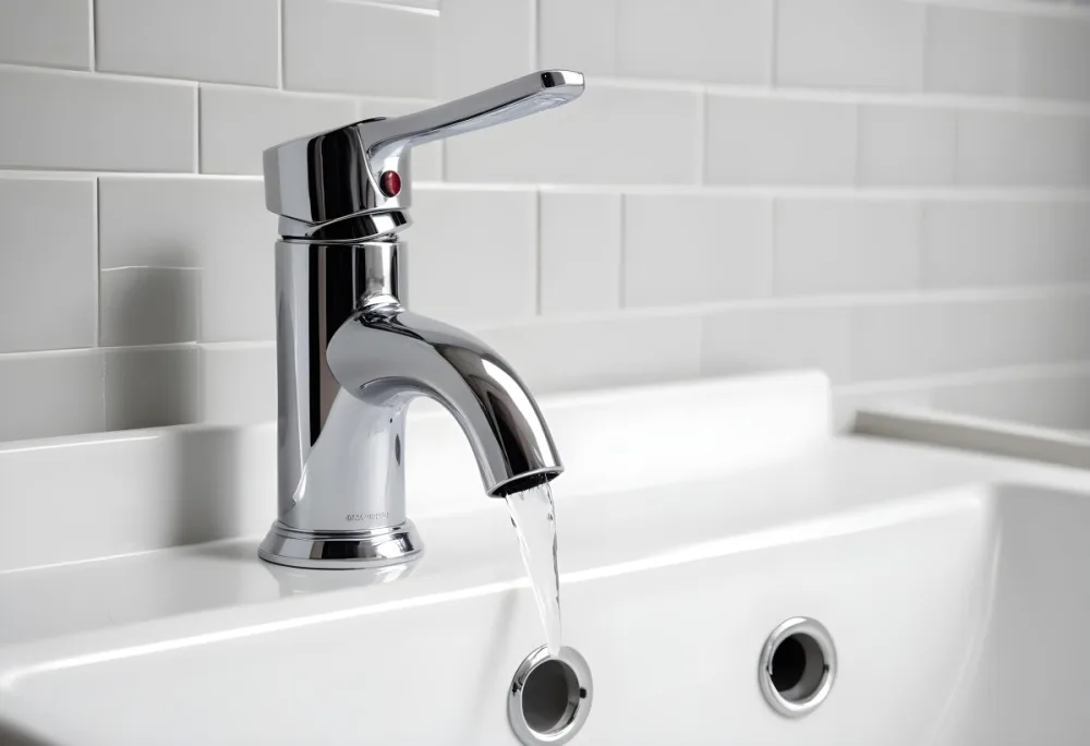 Chrome Faucet With Running Water Over A White Sink In A Bathroom With White Tiles 9 6096