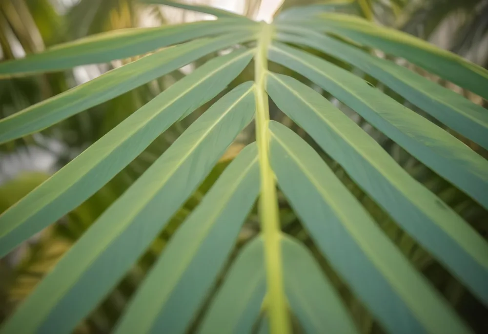 Close Up Of Green Palm Leaves With A Symmetrical Pattern Featuring Yellow Palm Leaves With Asymmetrical Patterns Set Against A Sunset 5 A082