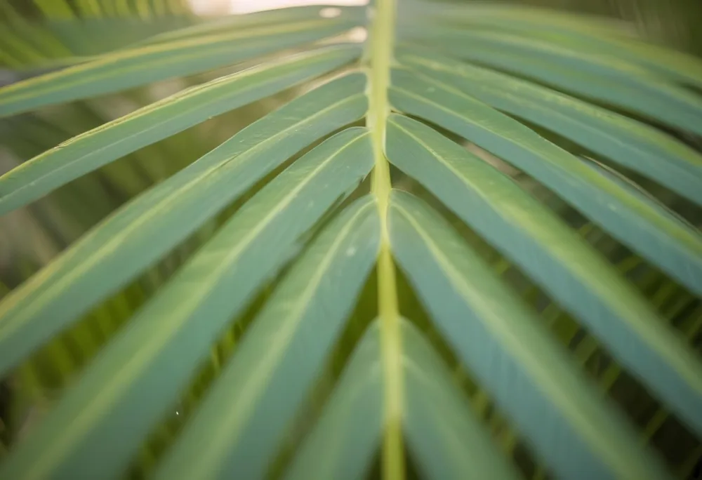Close Up Of Green Palm Leaves With A Symmetrical Pattern Featuring Yellow Palm Leaves With Asymmetrical Patterns Set Against A Sunset 6 35c4