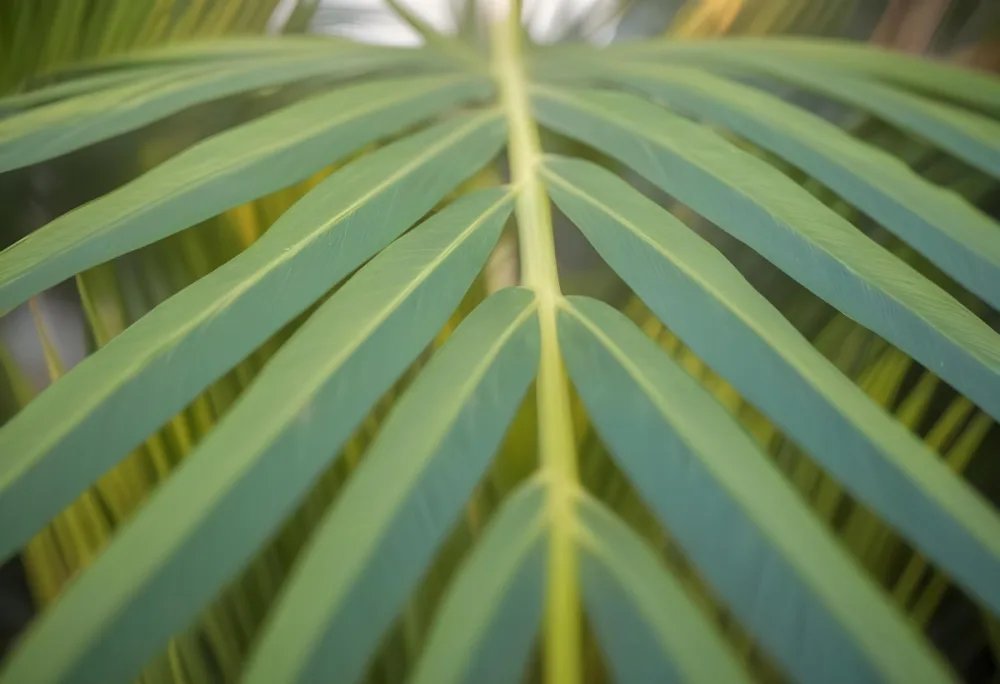 Close Up Of Green Palm Leaves With A Symmetrical Pattern Featuring Yellow Palm Leaves With Asymmetrical Patterns Set Against A Sunset 7 F7a3