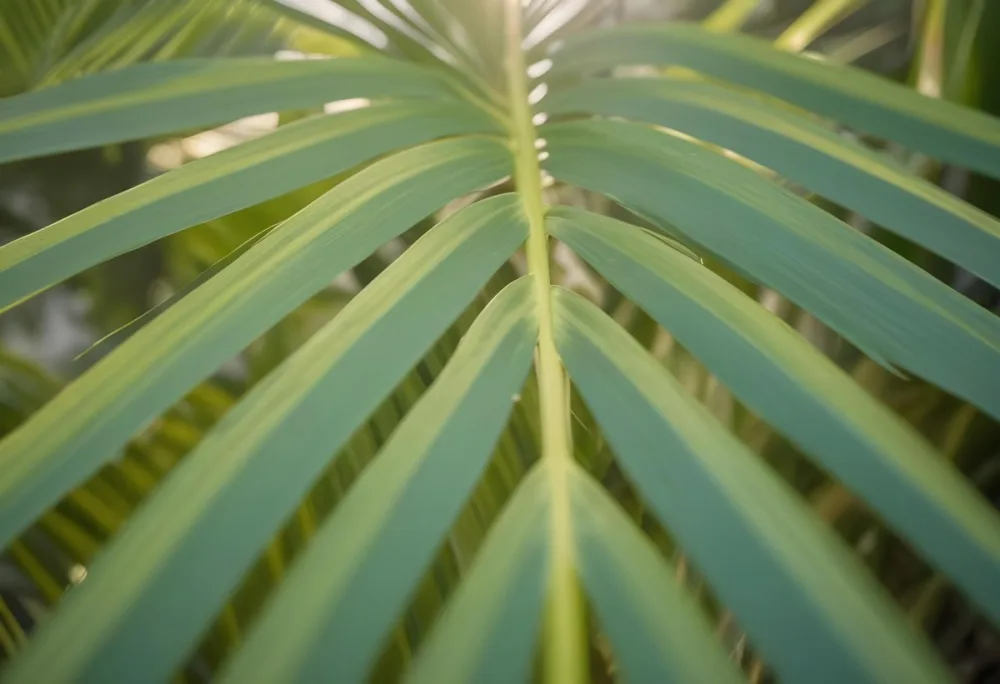 Close Up Of Green Palm Leaves With A Symmetrical Pattern Featuring Yellow Palm Leaves With Asymmetrical Patterns Set Against A Sunset 9 E629