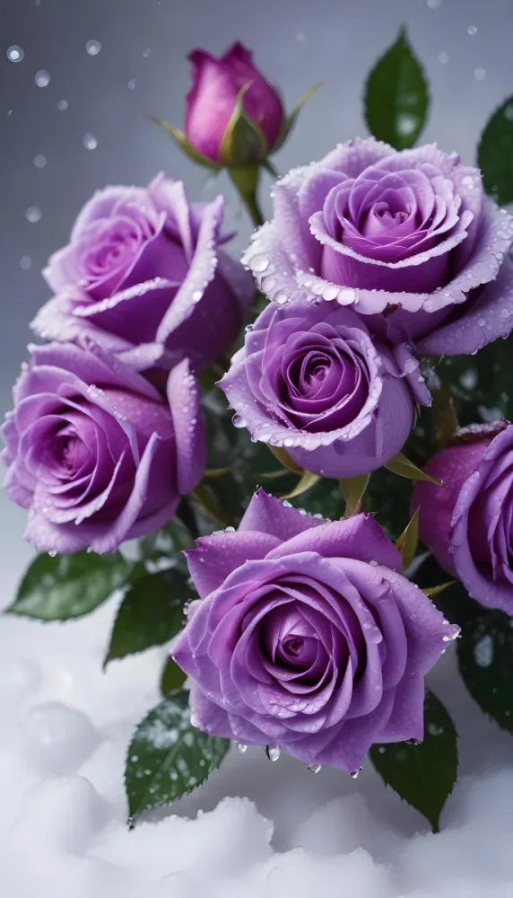Close Up Of Several Purple Roses Covered In Water Droplets On A Snowy Background 5 F36d