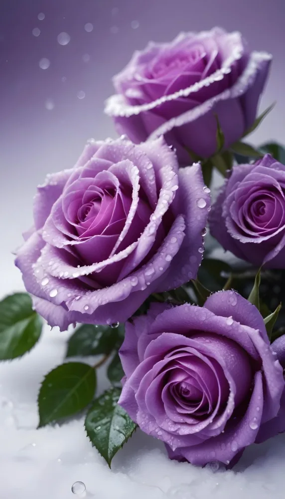 Close Up Of Several Purple Roses Covered In Water Droplets On A Snowy Background 6 0ec6