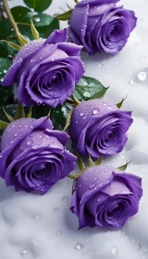 Close Up Of Several Purple Roses Covered In Water Droplets On A Snowy Background 7 A296