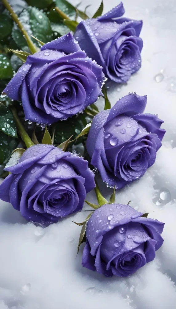 Close Up Of Several Purple Roses Covered In Water Droplets On A Snowy Background 8 42b6
