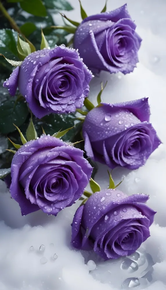 Close Up Of Several Purple Roses Covered In Water Droplets On A Snowy Background 9 435a