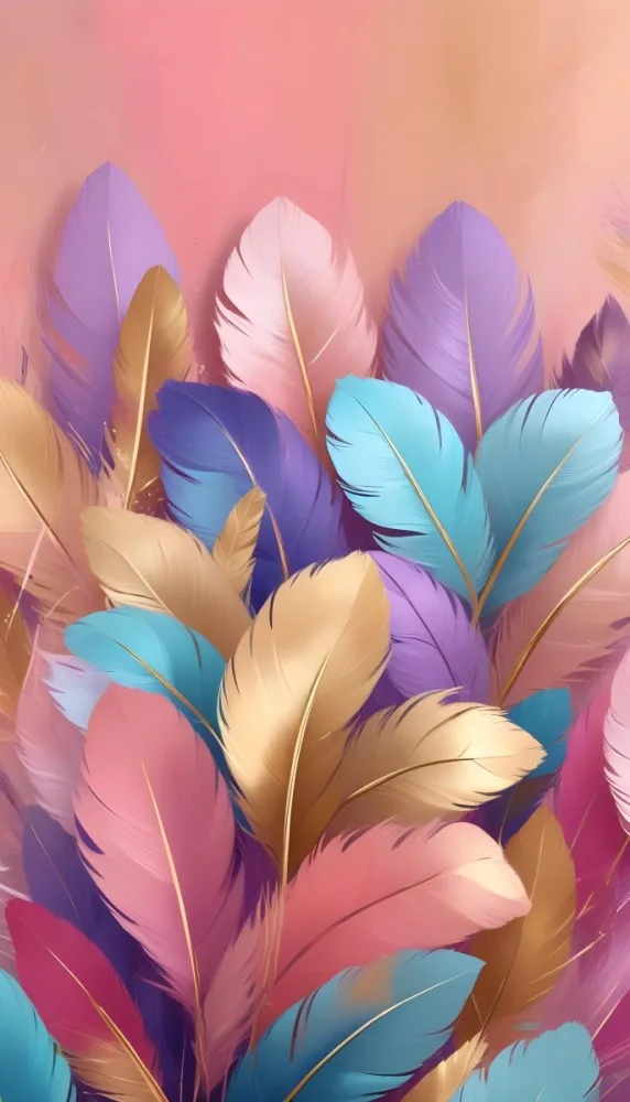 Colorful Feathers In Shades Of Pink Blue And Gold Arranged In A Decorative Pattern 123 24e4