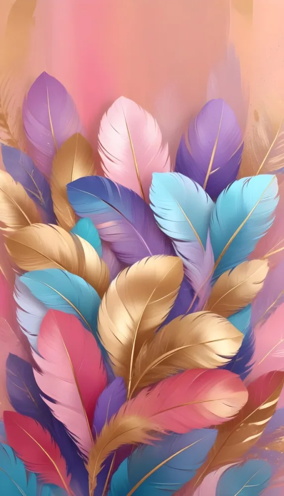 Colorful Feathers In Shades Of Pink Blue And Gold Arranged In A Decorative Pattern 340 5480