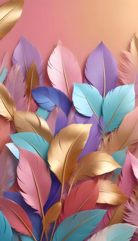 Colorful Feathers In Shades Of Pink Blue And Gold Arranged In A Decorative Pattern 393 C289