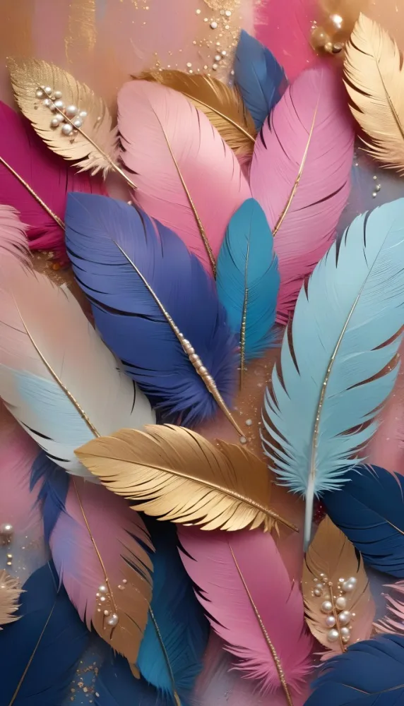 Colorful Feathers In Shades Of Pink Blue And Gold Arranged In A Decorative Pattern 438 C17d