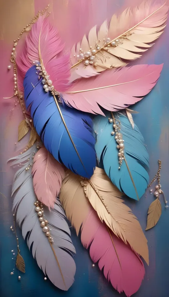 Colorful Feathers In Shades Of Pink Blue And Gold Arranged In A Decorative Pattern 445 5b49