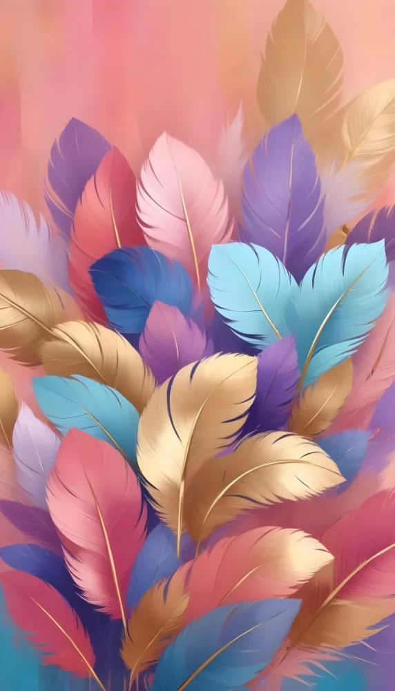 Colorful Feathers In Shades Of Pink Blue And Gold Arranged In A Decorative Pattern 56 B994