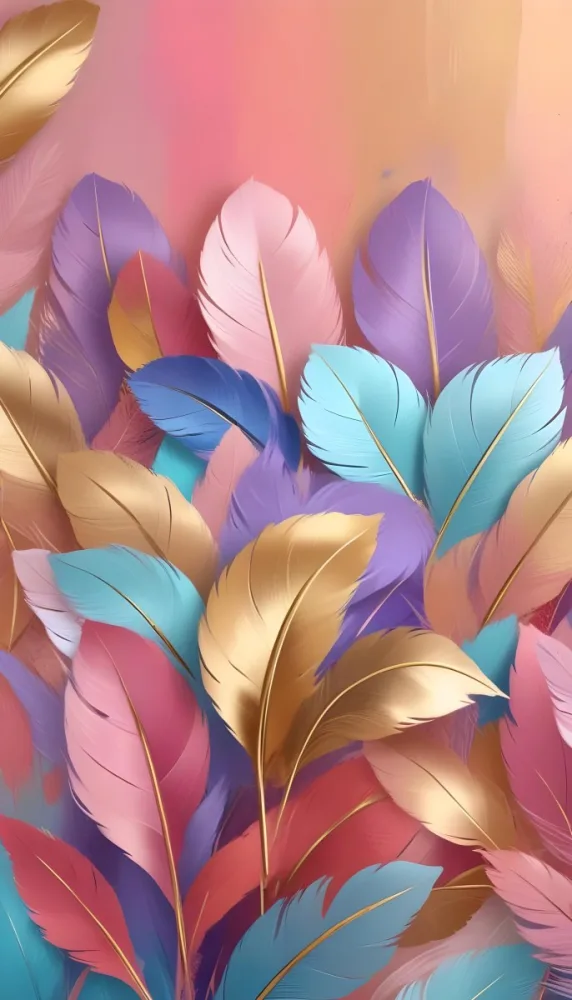 Colorful Feathers In Shades Of Pink Blue And Gold Arranged In A Decorative Pattern 98 F789