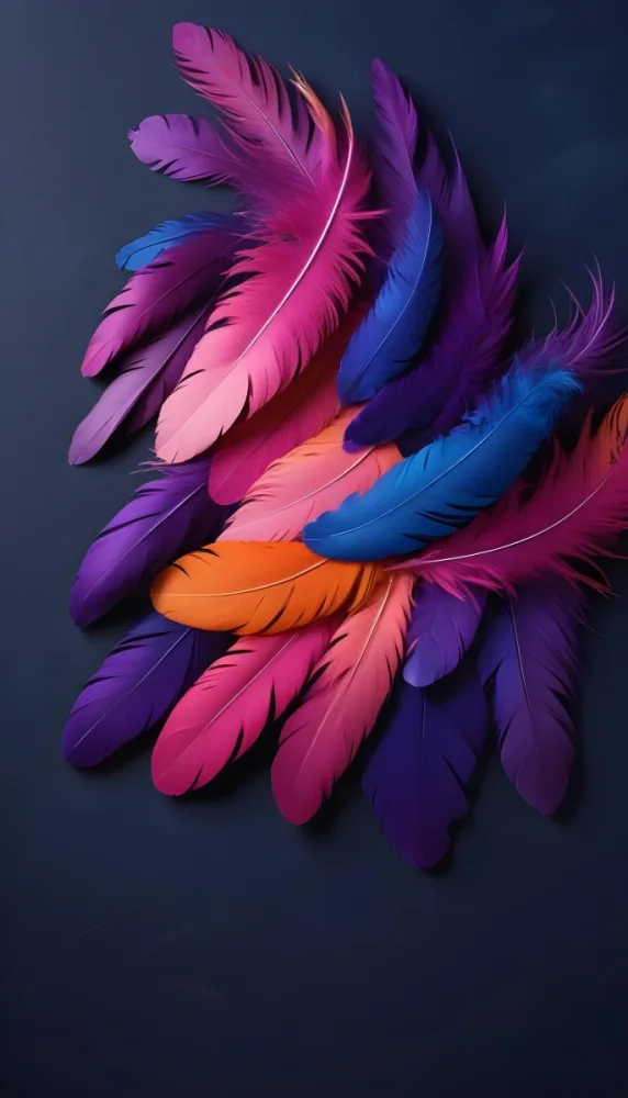 Colorful Feathers In Shades Of Pink Purple Blue And Orange Against A Dark Background 98 65be