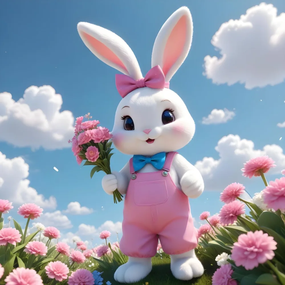 Colorful Flat Illustration Classical Animes A Cute White Bunny Character With Large Ears And A Blue Bow On Its Head Wearing Pink Overalls And Holding A Bouquet Of Flowers The Background Features A Blue Sky With Fluffy 6 7a3e