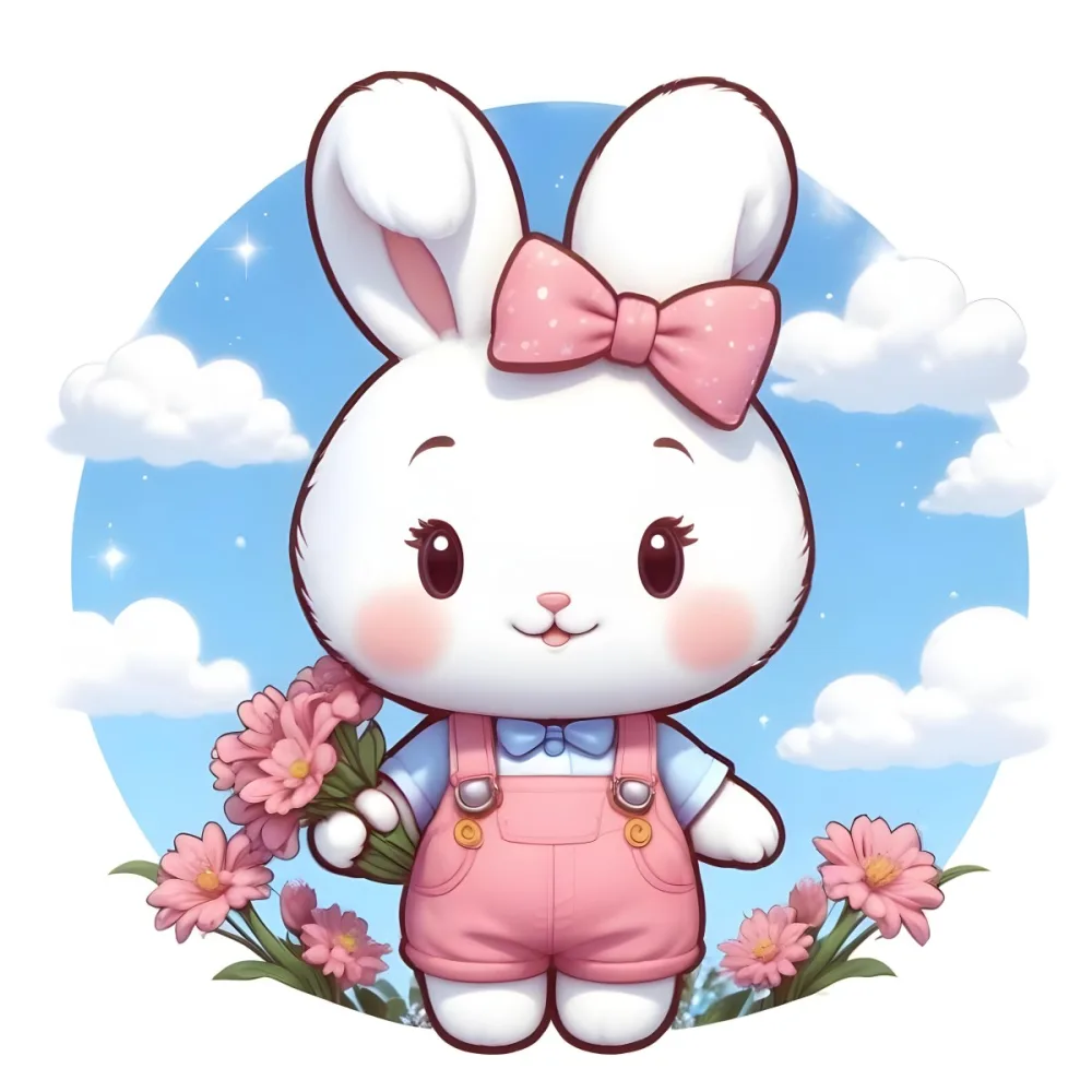 Colorful Flat Illustration Classical Animes A Cute White Bunny Character With Large Ears And A Blue Bow On Its Head Wearing Pink Overalls And Holding A Bouquet Of Flowers The Background Features A Blue Sky With Fluffy 7 8b0e