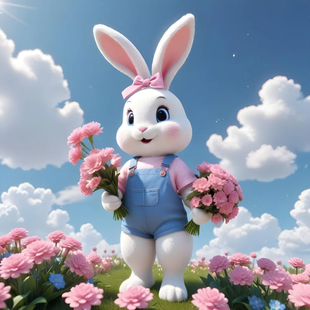Colorful Flat Illustration Classical Animes A Cute White Bunny Character With Large Ears And A Blue Bow On Its Head Wearing Pink Overalls And Holding A Bouquet Of Flowers The Background Features A Blue Sky With Fluffy 8 2301