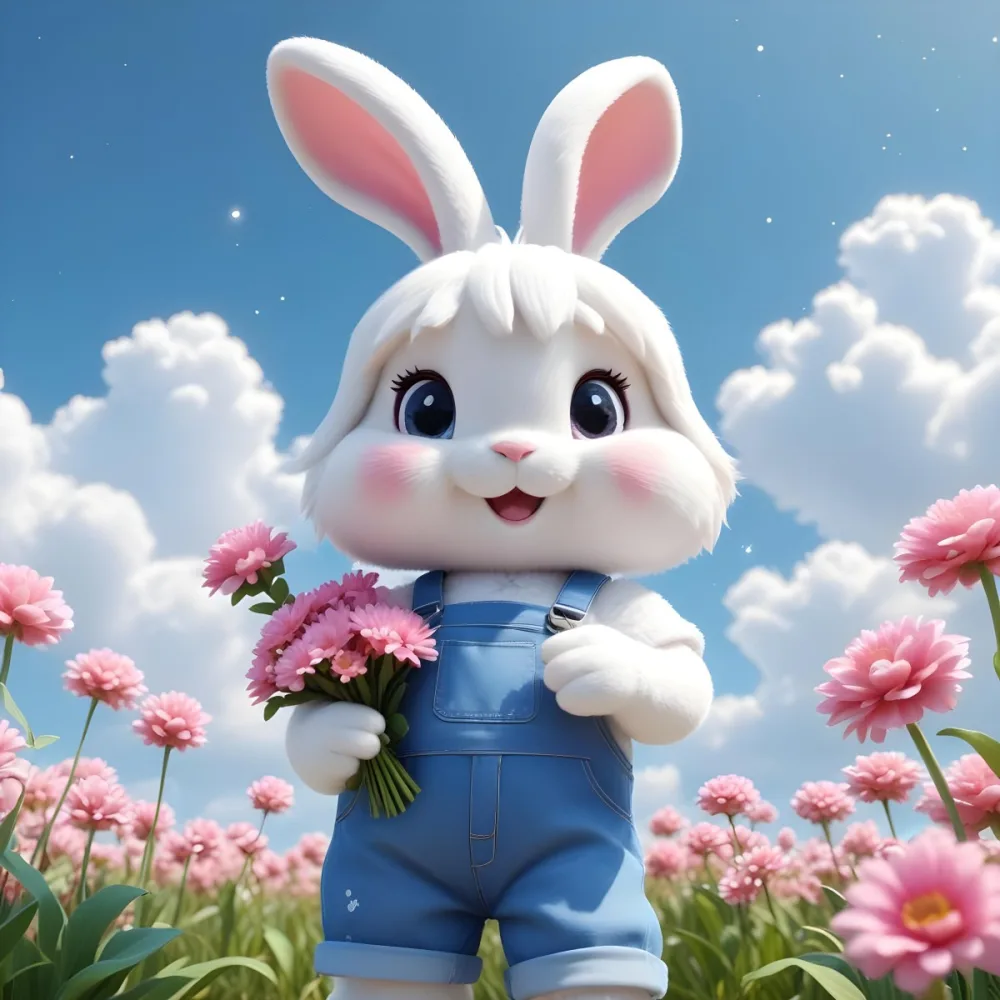 Colorful Flat Illustration Classical Animes A Cute White Bunny Character With Large Ears And A Blue Bow On Its Head Wearing Pink Overalls And Holding A Bouquet Of Flowers The Background Features A Blue Sky With Fluffy 9 A7b2