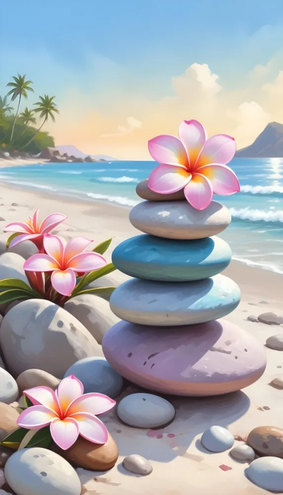 Colorful Stacked Stones With Pink Plumeria Flowers On A Tropical Beach At Sunset With Palm Trees In The Background 6 Ba89