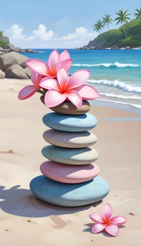 Colorful Stacked Stones With Pink Plumeria Flowers On A Tropical Beach At Sunset With Palm Trees In The Background 7 D0ca