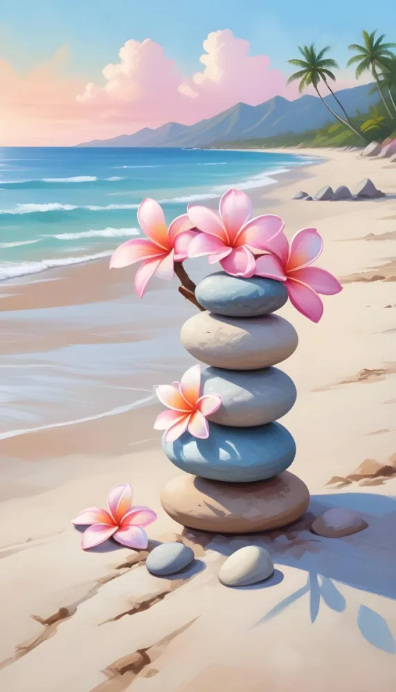 Colorful Stacked Stones With Pink Plumeria Flowers On A Tropical Beach At Sunset With Palm Trees In The Background 8 C453