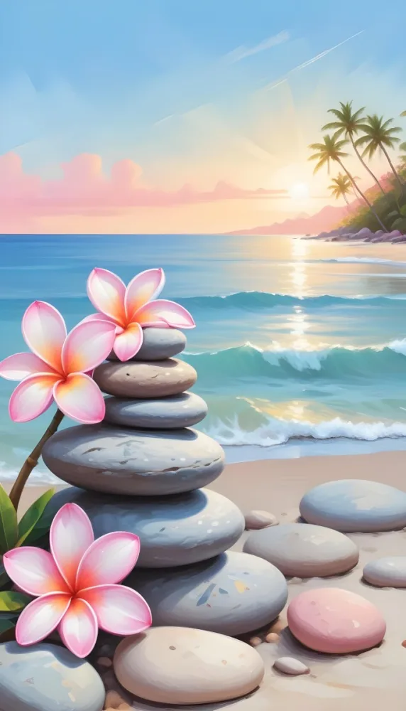 Colorful Stacked Stones With Pink Plumeria Flowers On A Tropical Beach At Sunset With Palm Trees In The Background 9 Ee75