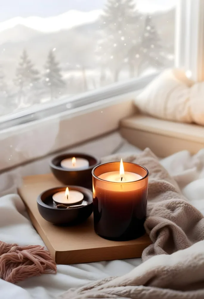 Cozy Winter Scene With Lit Candles A Warm Blanket And A Window Overlooking A Snowy Landscape 12 Fa58